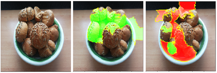 Left: Image of a bowl of bread. Middle and right: LIME explanations for the top 2 classes (bagel, strawberry) for image classification made by Google's Inception V3 neural network.