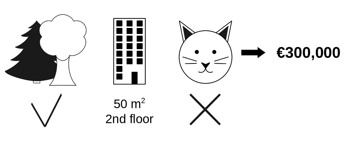 The predicted price for a 50 m^2^ 2nd floor apartment with a nearby park and cat ban is €300,000. Our goal is to explain how each of these feature values contributed to the prediction.